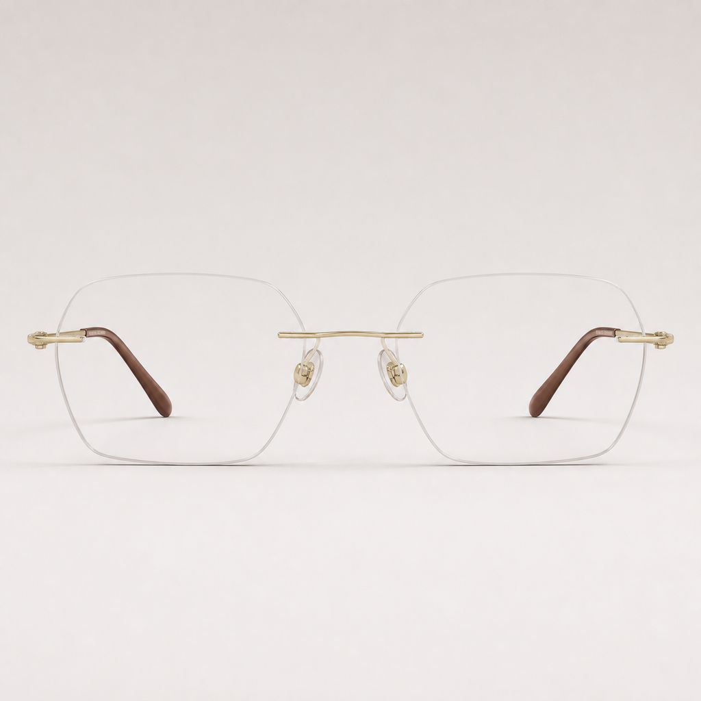 Gold pure titanium rimless geometric rectangular eyeglasses, straight-on product view