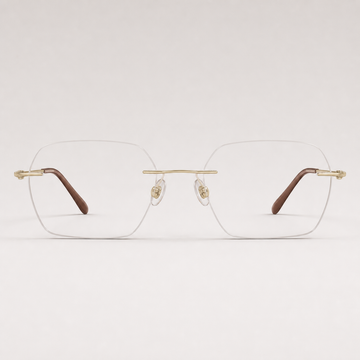 Gold pure titanium rimless geometric rectangular eyeglasses, straight-on product view