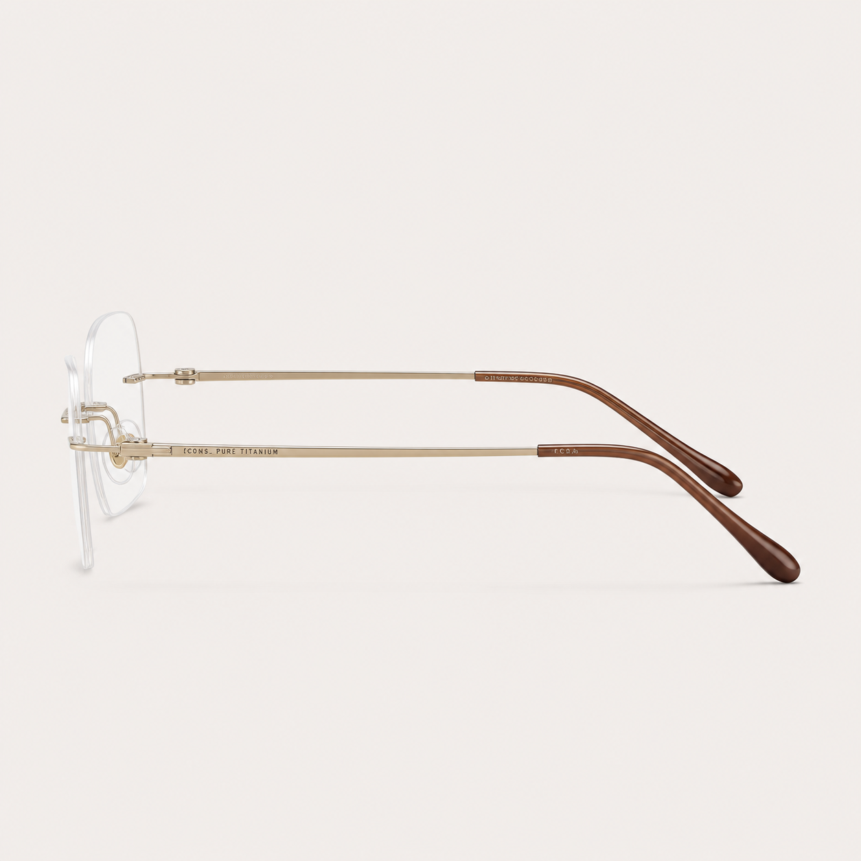 Gold pure titanium rimless geometric rectangular eyeglasses, side-profile product view