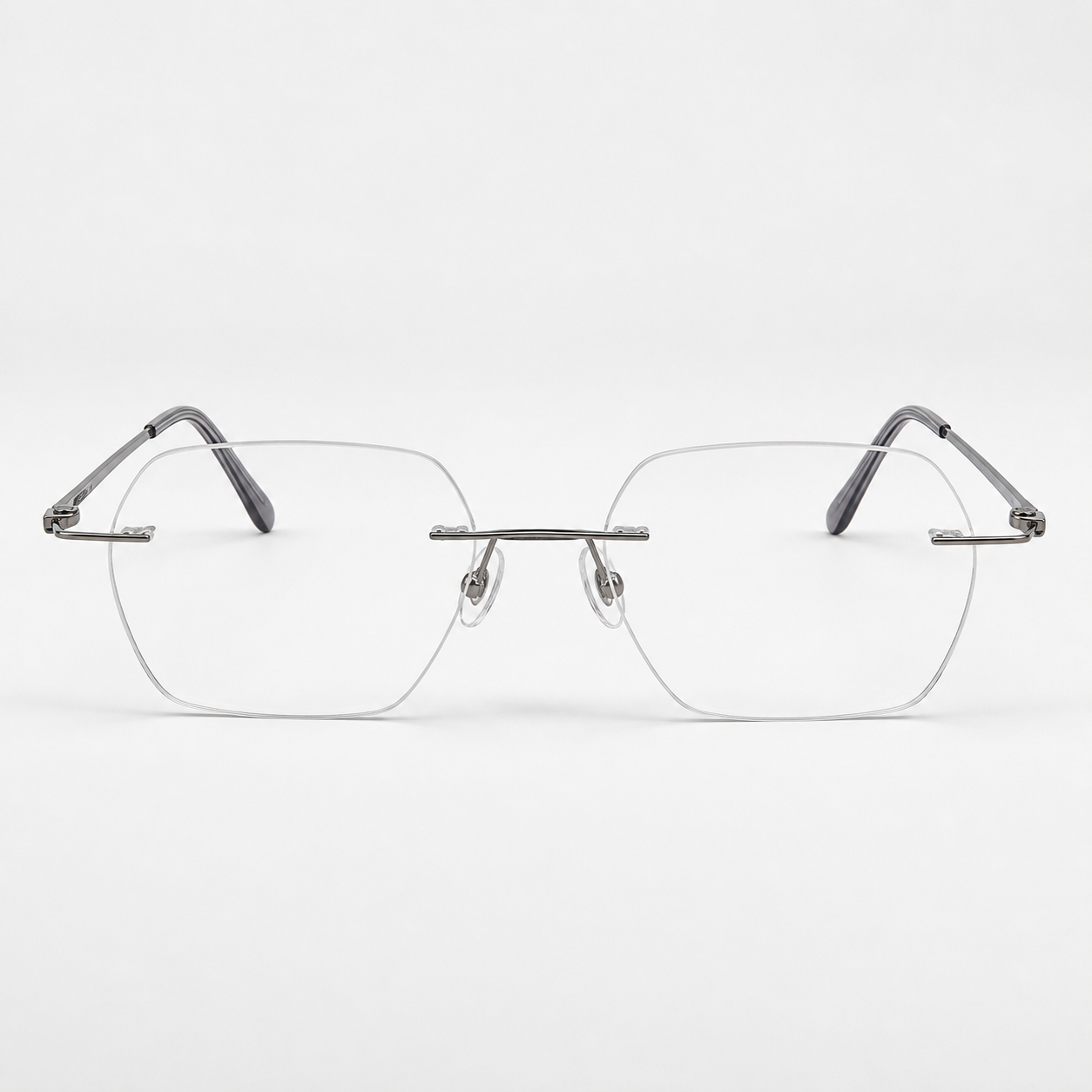 Gunmetal Blue pure titanium rimless geometric rectangular eyeglasses, straight-on product view