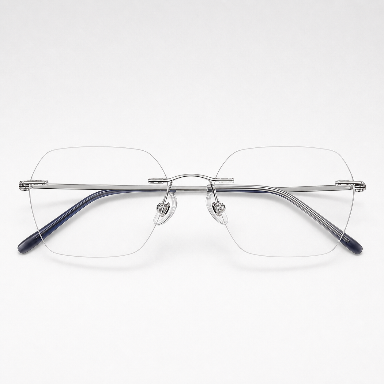 Silver/Blue pure titanium rimless geometric rectangular eyeglasses, straight-on product view