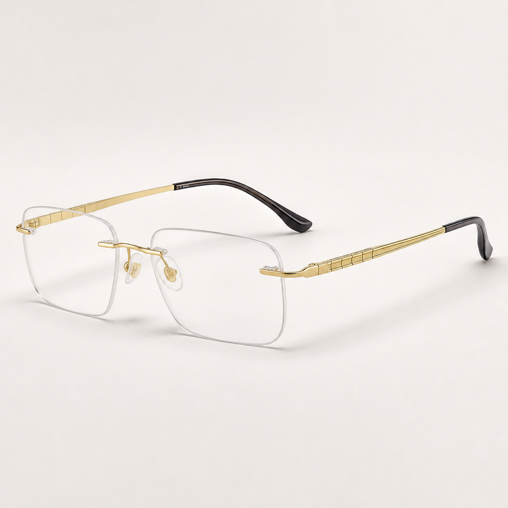 Gold pure titanium rimless rectangular eyeglasses, 45-degree product view