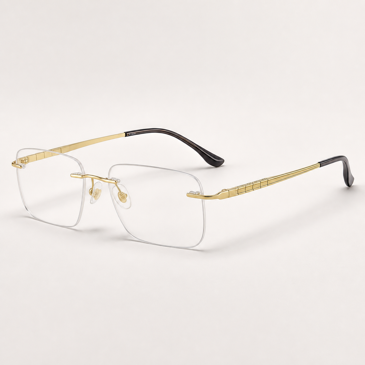 Gold pure titanium rimless rectangular eyeglasses, 45-degree product view