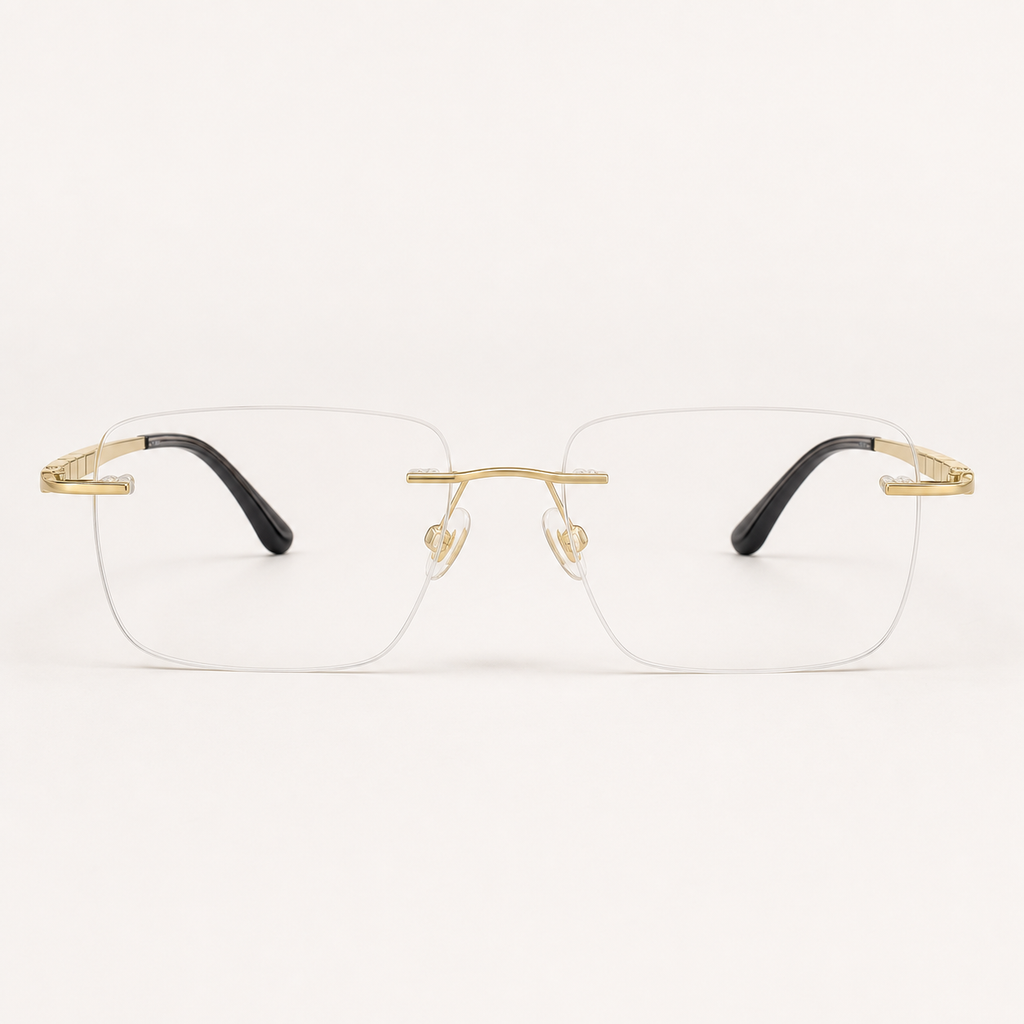 Gold pure titanium rimless rectangular eyeglasses, straight-on product view