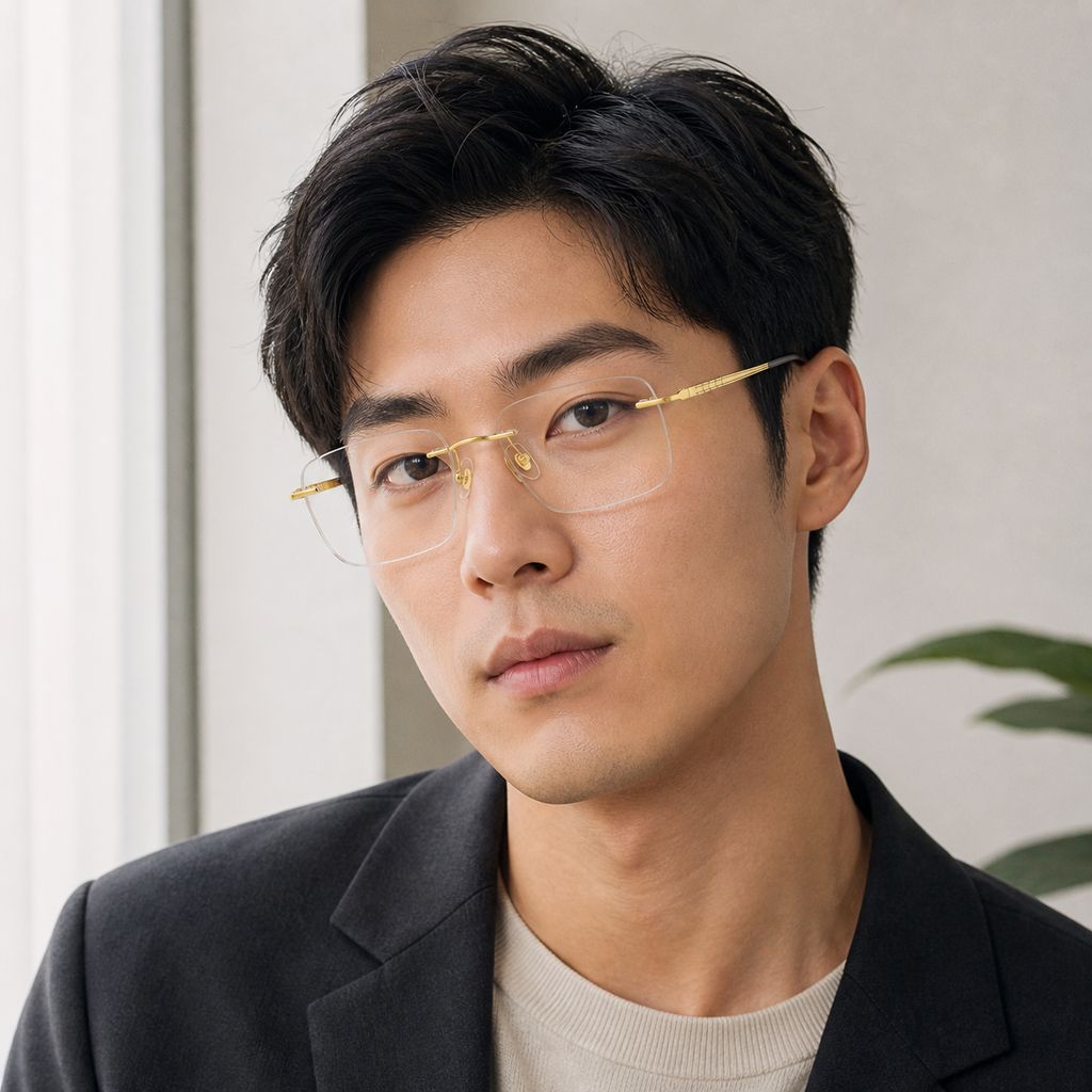 Gold pure titanium rimless rectangular eyeglasses, three-quarter adult model fit
