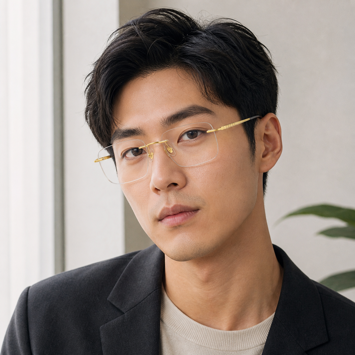 Gold pure titanium rimless rectangular eyeglasses, three-quarter adult model fit