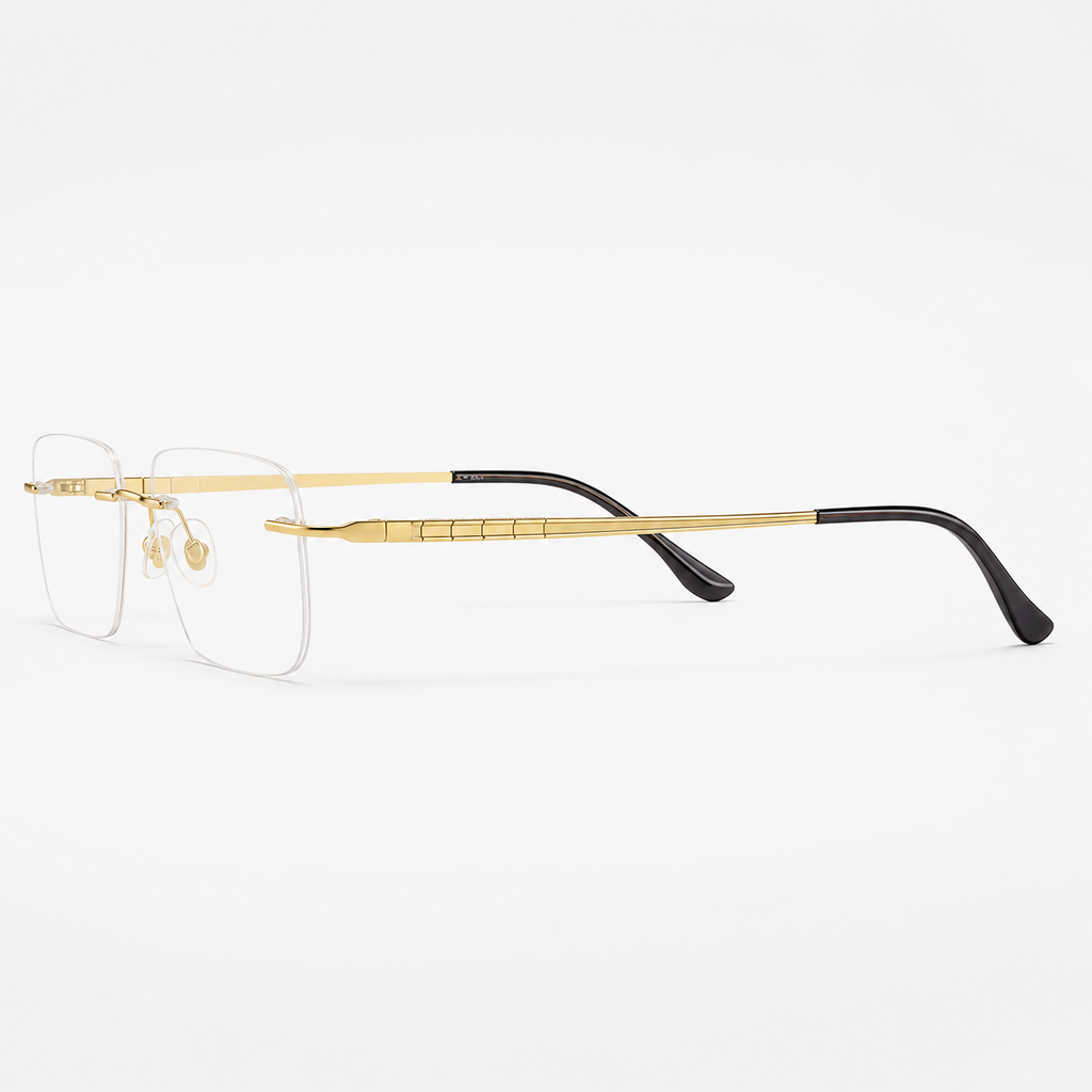 Gold pure titanium rimless rectangular eyeglasses, side-profile product view