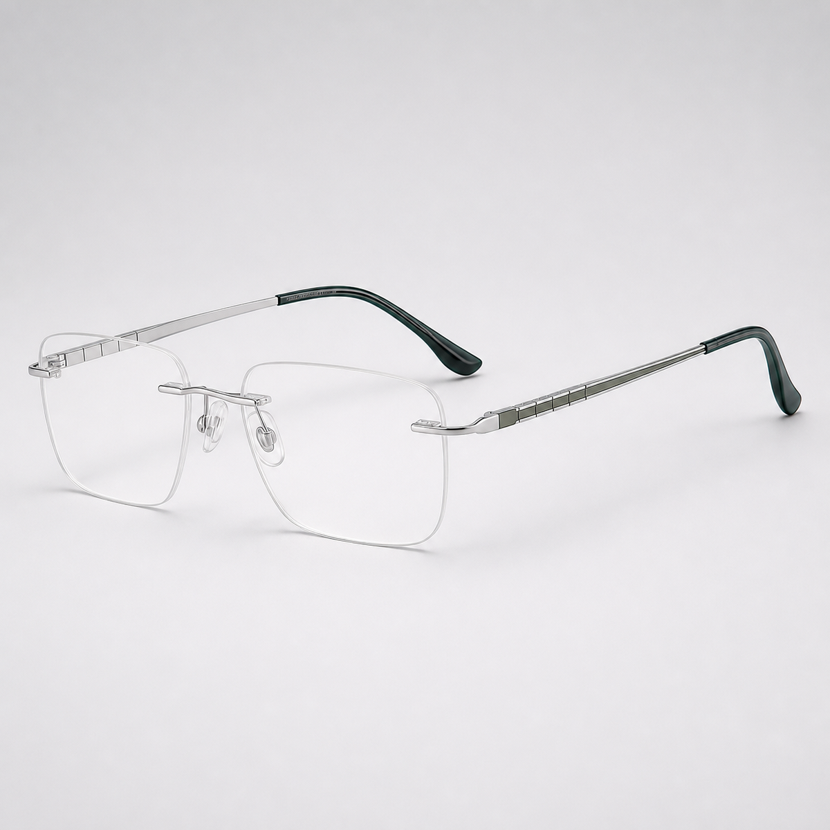 Silver/Dark Green pure titanium rimless rectangular eyeglasses, 45-degree product view