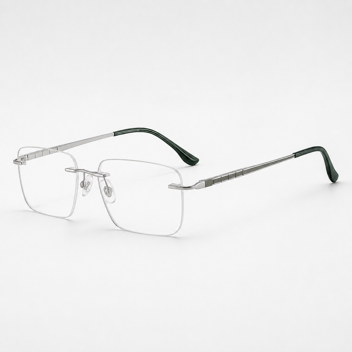 Silver/Dark Green pure titanium rimless rectangular eyeglasses, straight-on product view