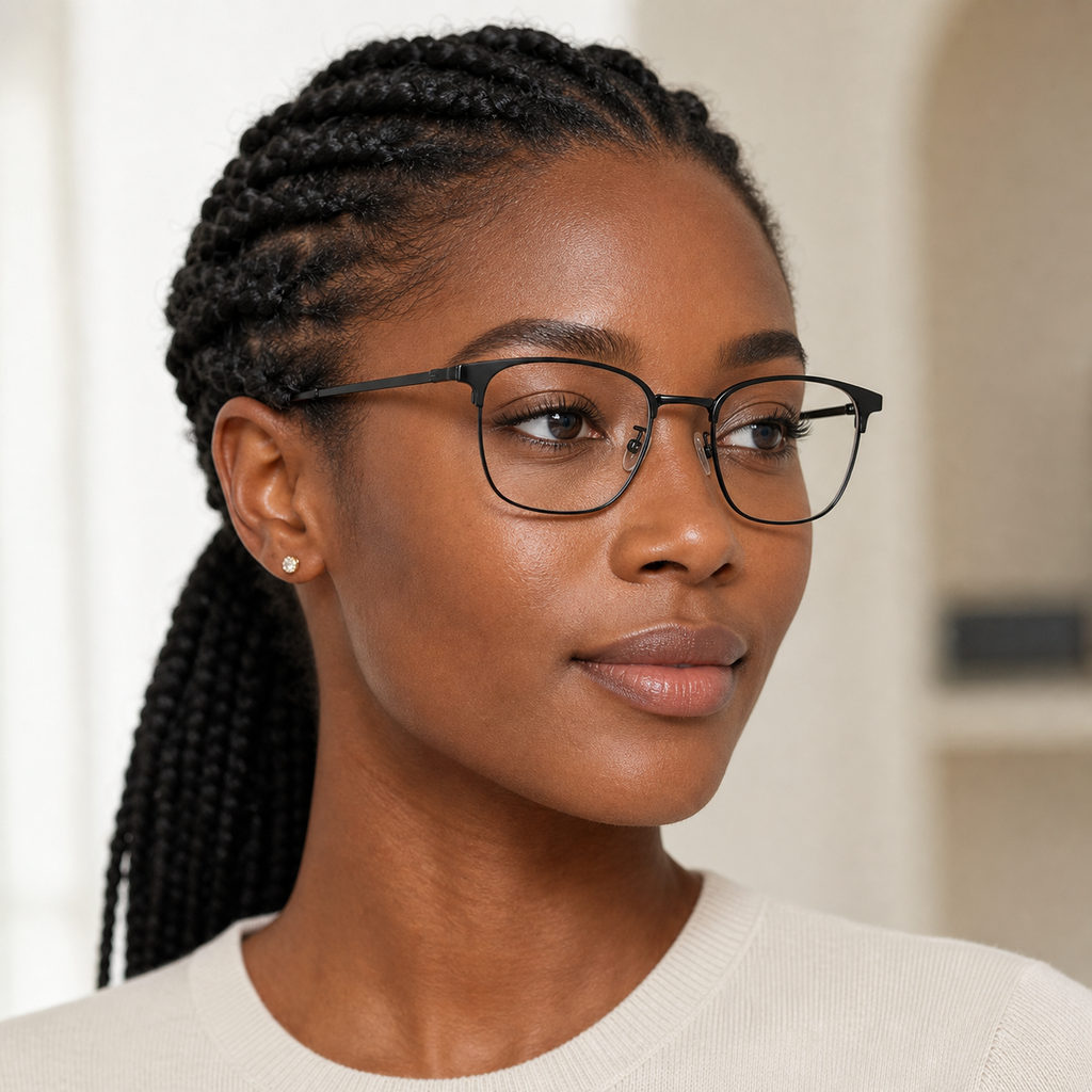 Black Classic Beta Titanium & Acetate Semi-Rimless Glasses worn by an adult Black woman