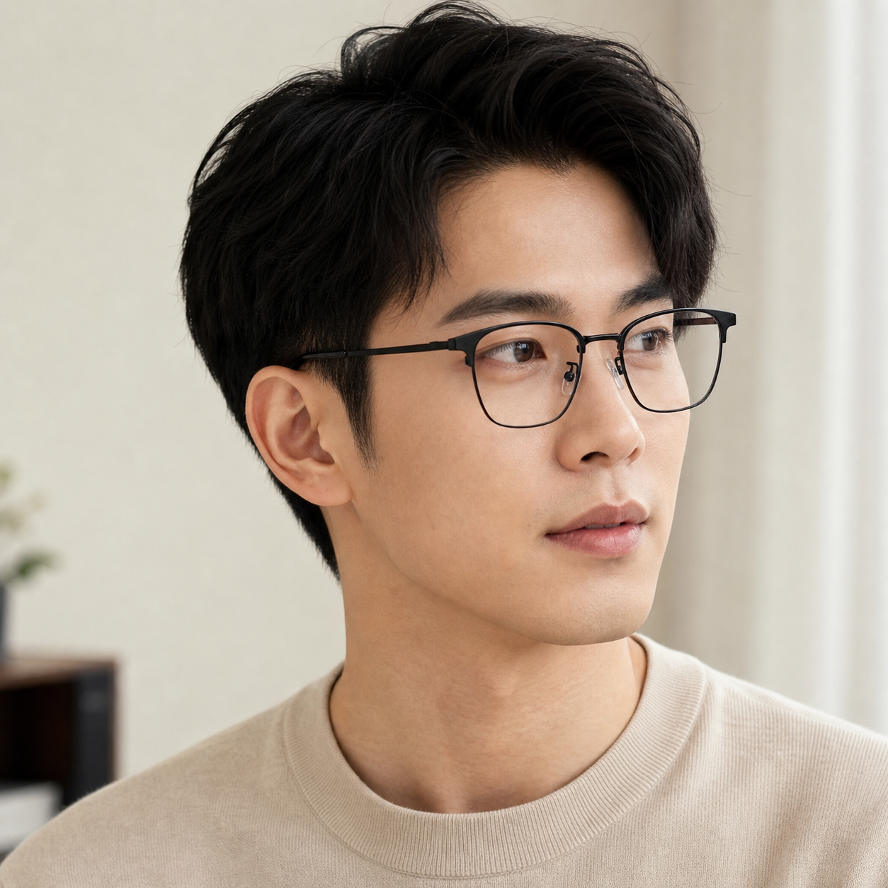Black Classic Beta Titanium & Acetate Semi-Rimless Glasses worn by an adult East Asian man