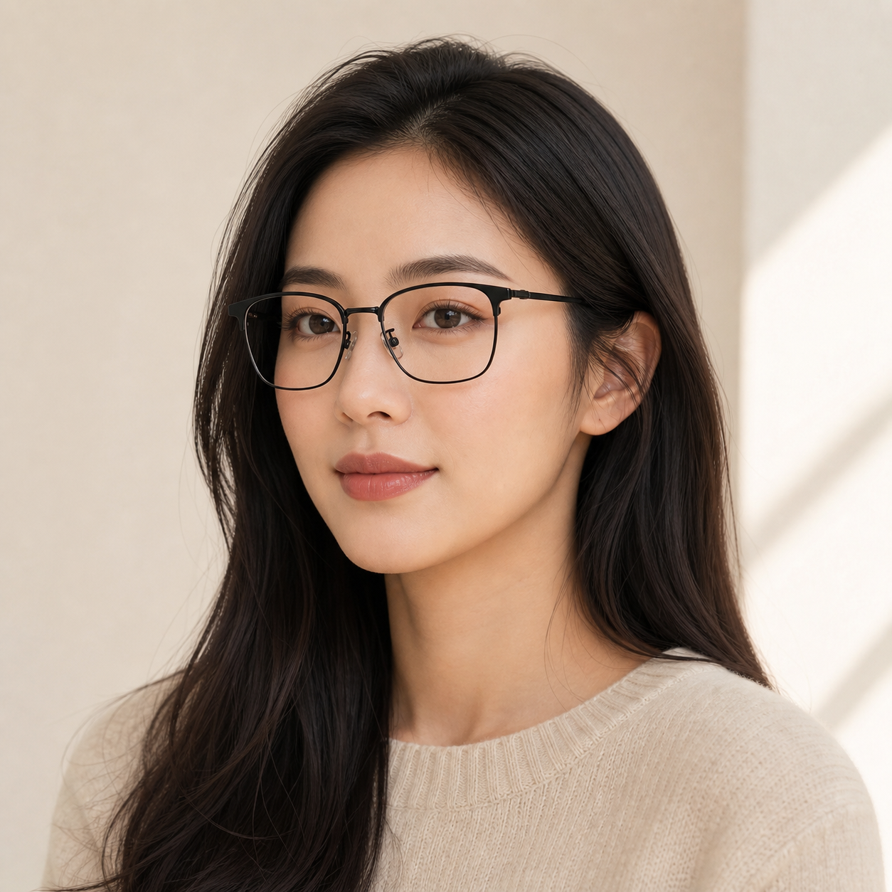 Black Classic Beta Titanium & Acetate Semi-Rimless Glasses worn by an adult East Asian woman