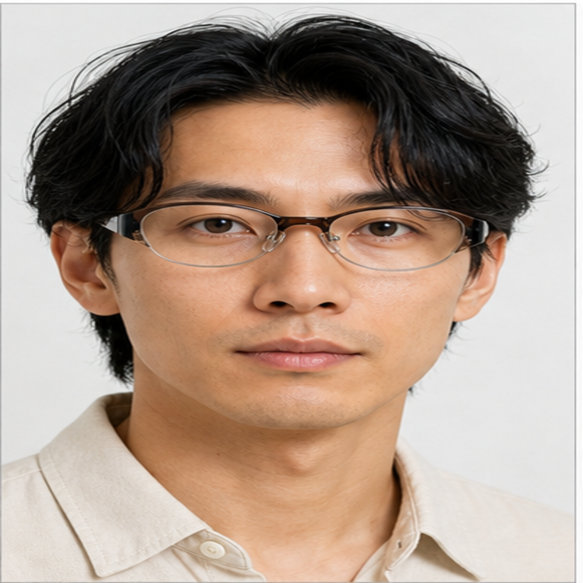 Coffee Brown unisex minimalist TR and alloy semi-rimless glasses worn by an adult East Asian Man