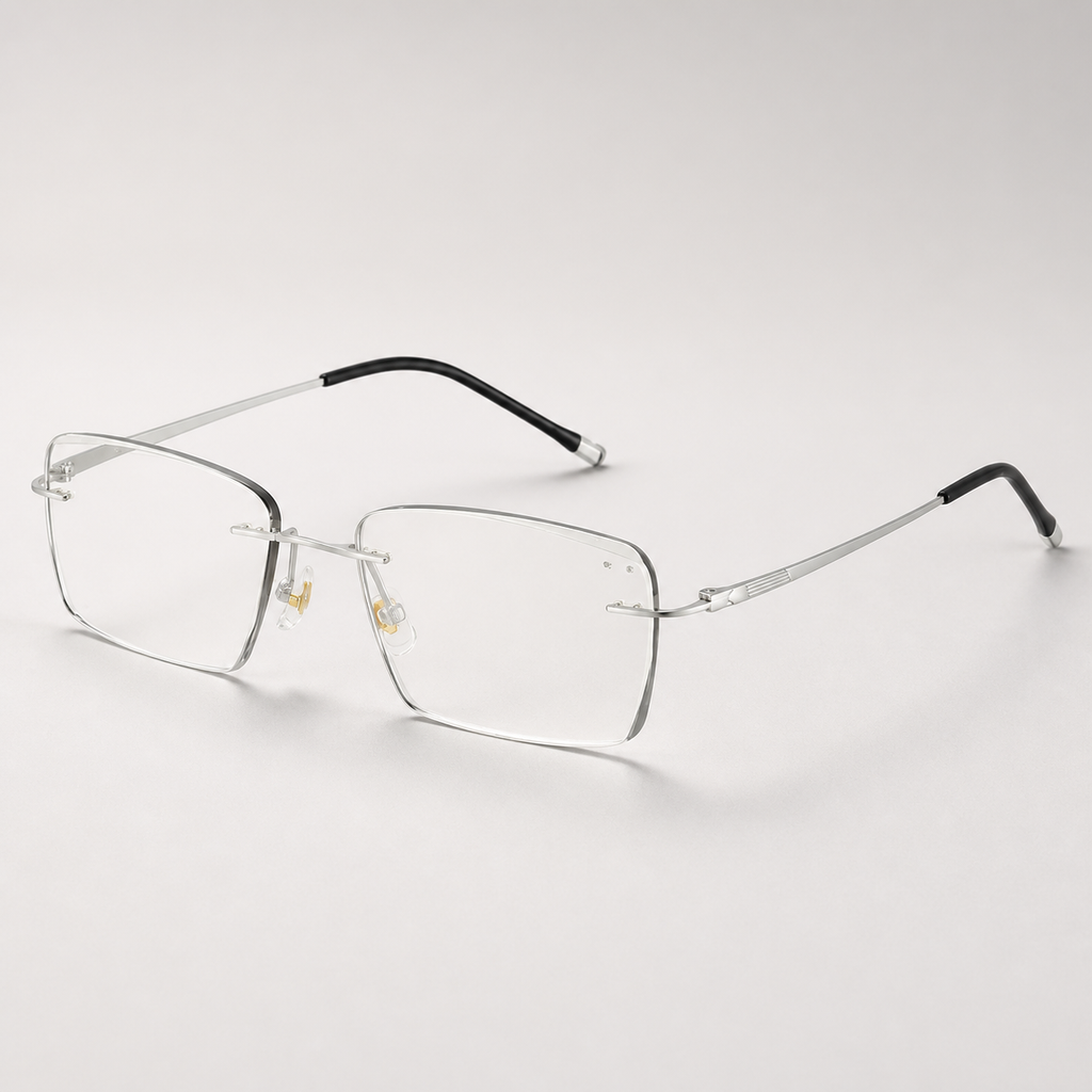 Default titanium rimless rectangular eyeglasses, 45-degree product view