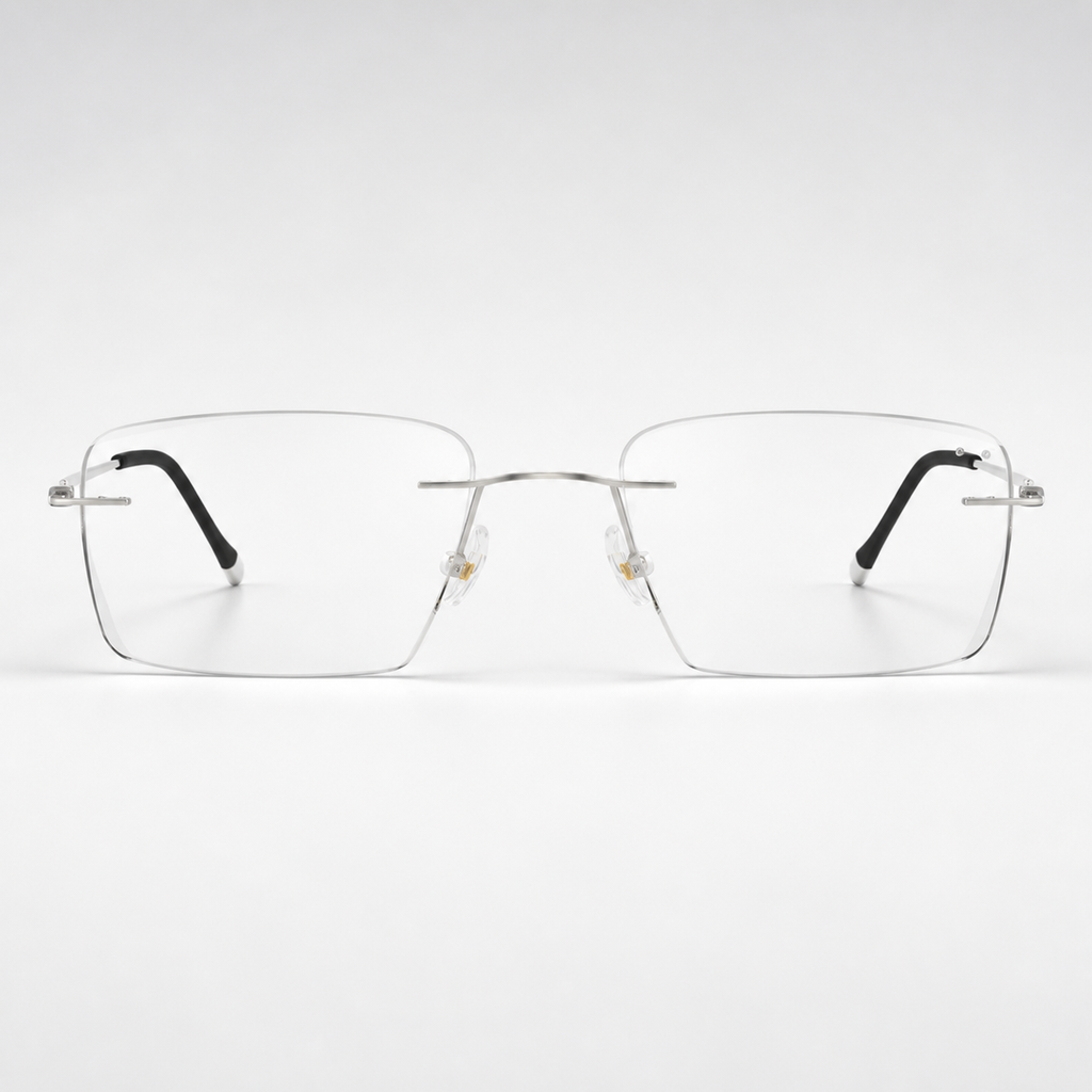 Default titanium rimless rectangular eyeglasses, straight-on product view