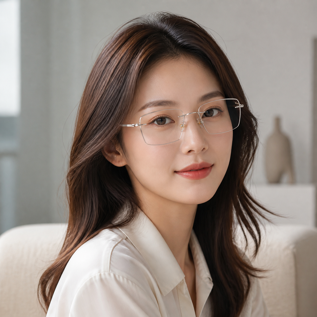 Default titanium rimless rectangular eyeglasses, three-quarter adult model fit