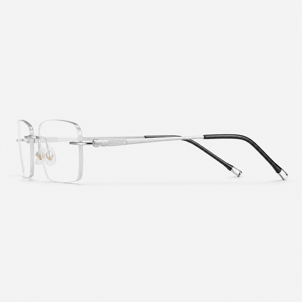Default titanium rimless rectangular eyeglasses, side-profile product view