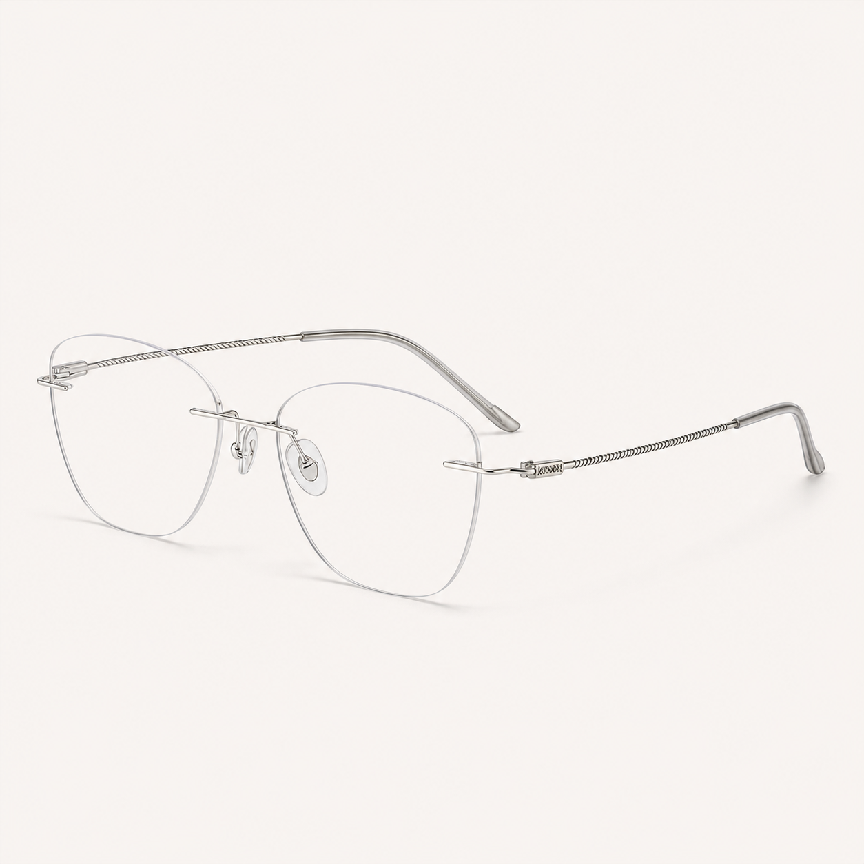 Silver pure titanium rimless oval eyeglasses, 45-degree product view