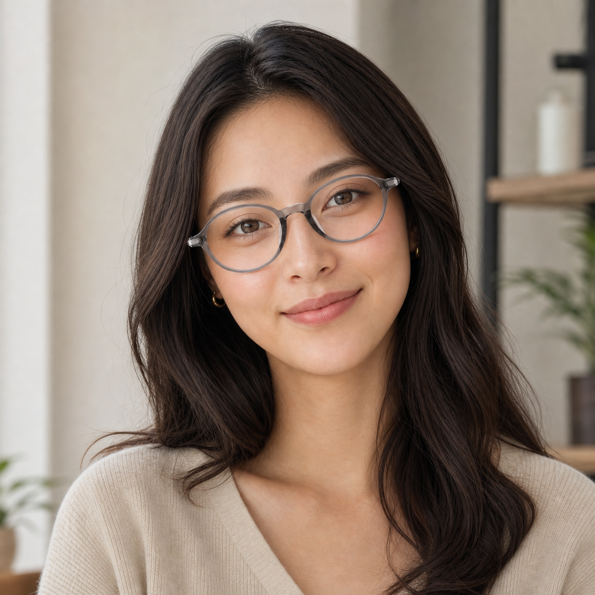 Crystal Gray small oval full-rim glasses worn by an adult East Asian woman