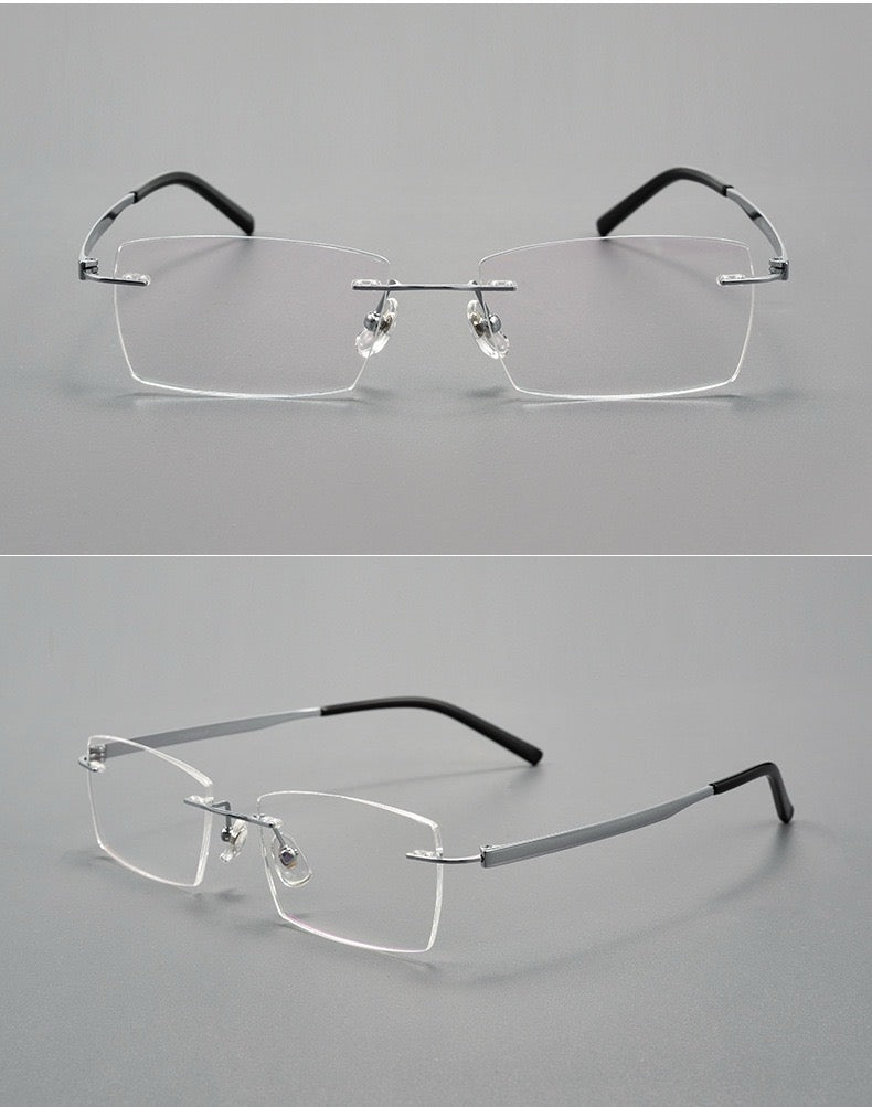 Silver titanium and acetate rectangular rimless glasses, original front and 45-degree product detail