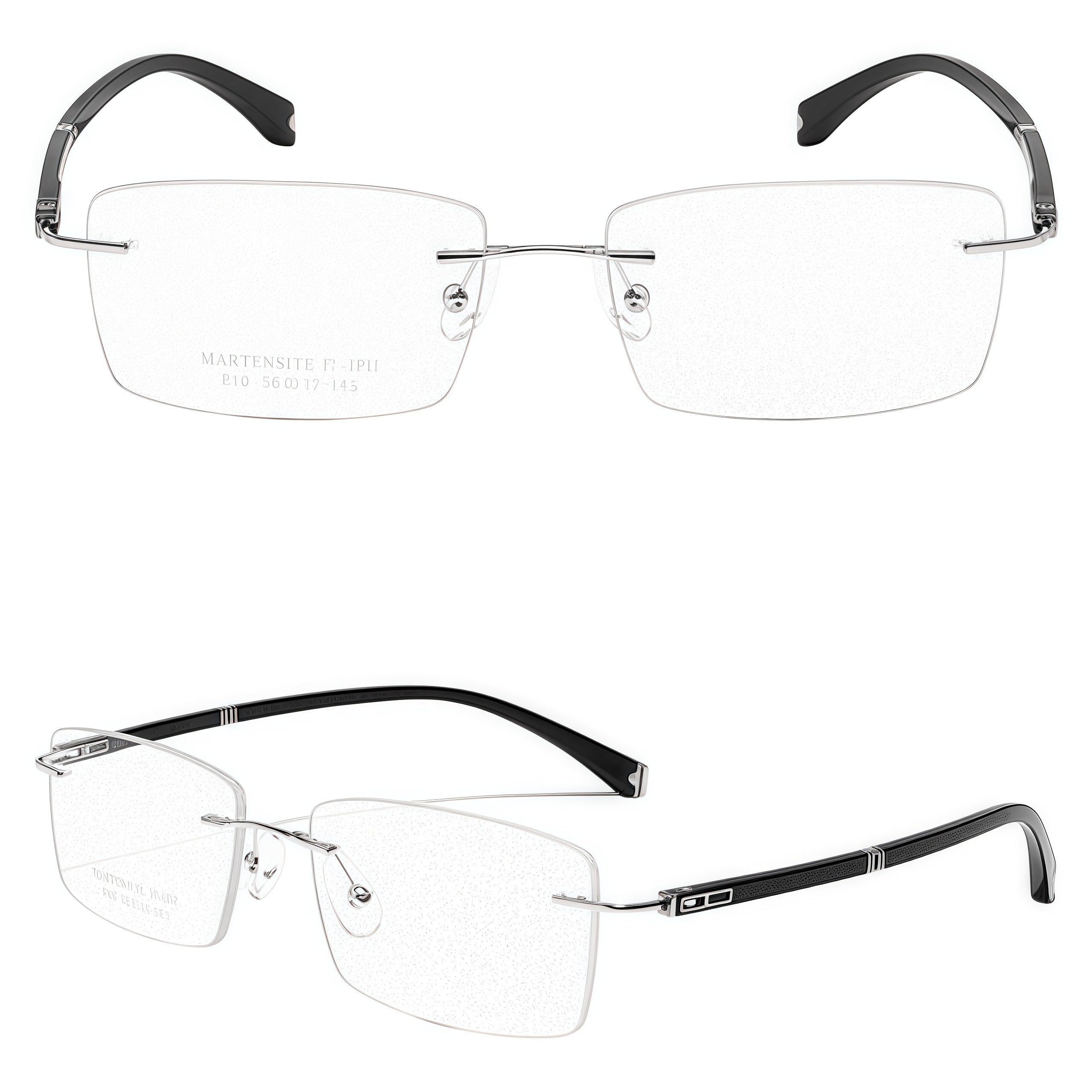 Silver men's alloy rimless rectangular double-slot-temple glasses, supplier composite detail