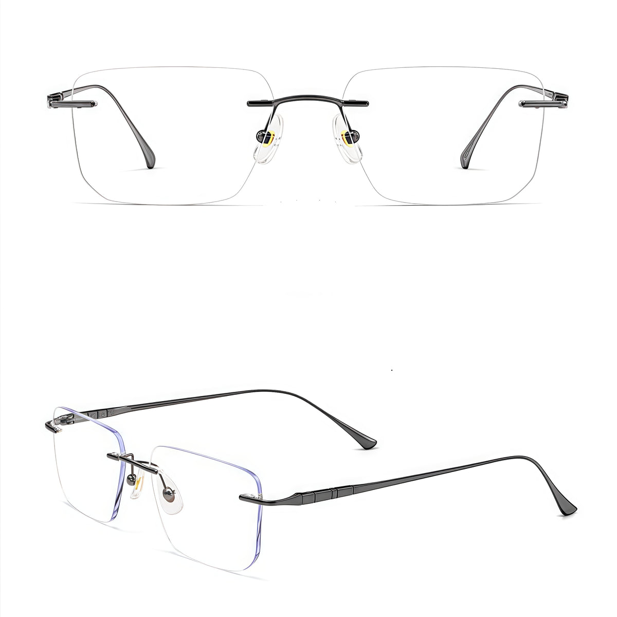 Gold men's rectangular titanium blend rimless glasses, product view