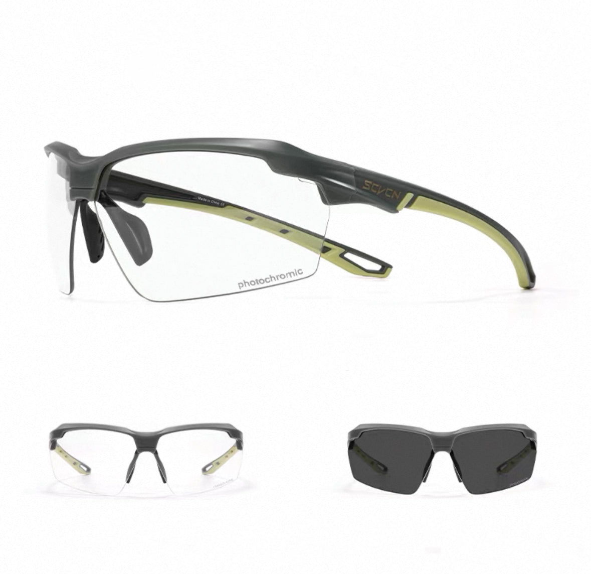 Green Frame/Photochromic Black Lens front and 45-degree product views of Day & Night Outdoor Sports Sunglasses
