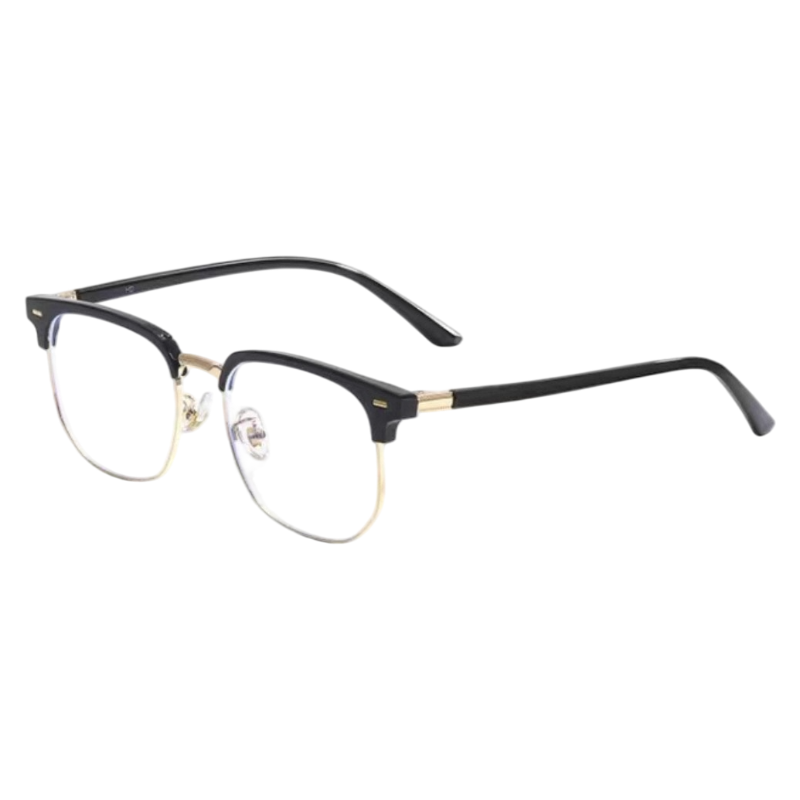 Black and Gold modern square browline profile semi-rimless eyeglass frame, three-quarter product view