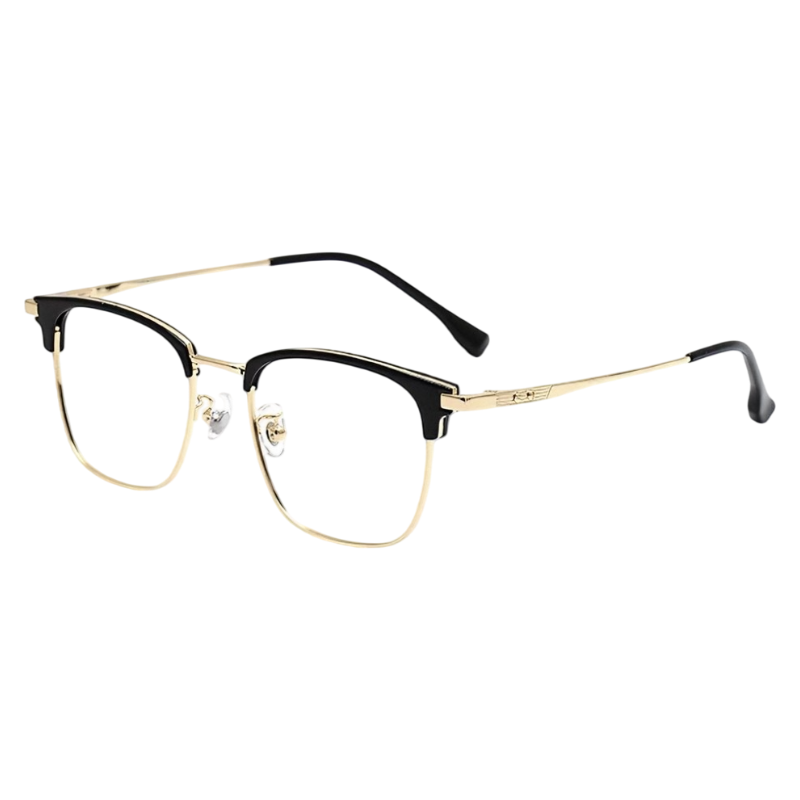 Black and Gold oversized square browline profile semi-rimless eyeglass frame, three-quarter product view