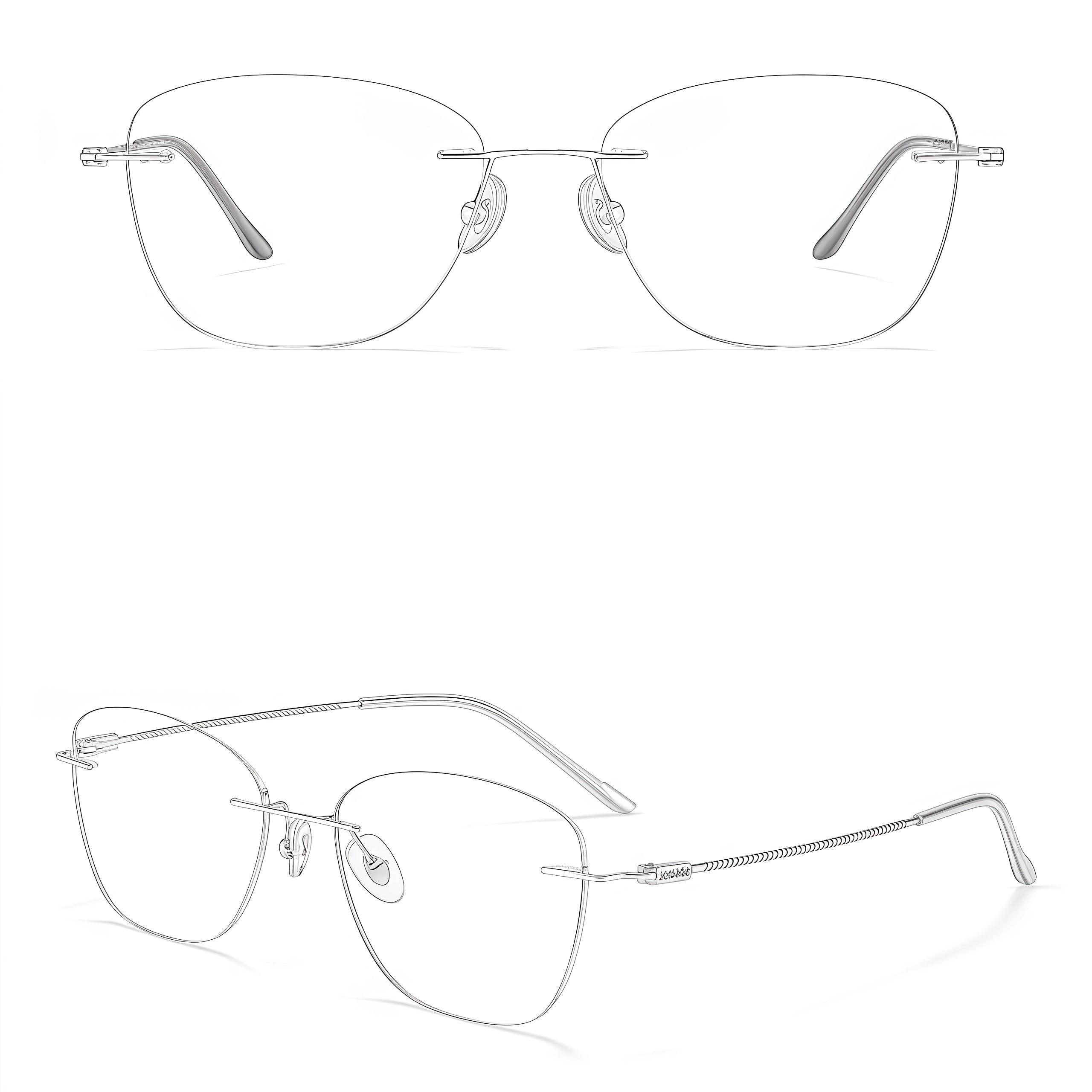 Silver women's pure titanium rimless oval eyeglass frames, product view