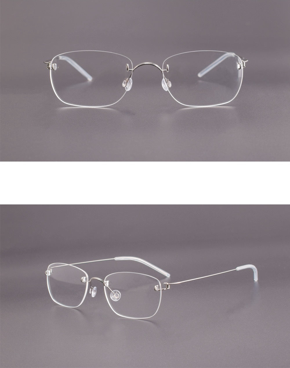 Silver men's titanium rimless spring-hinge glasses, front and 45-degree composite