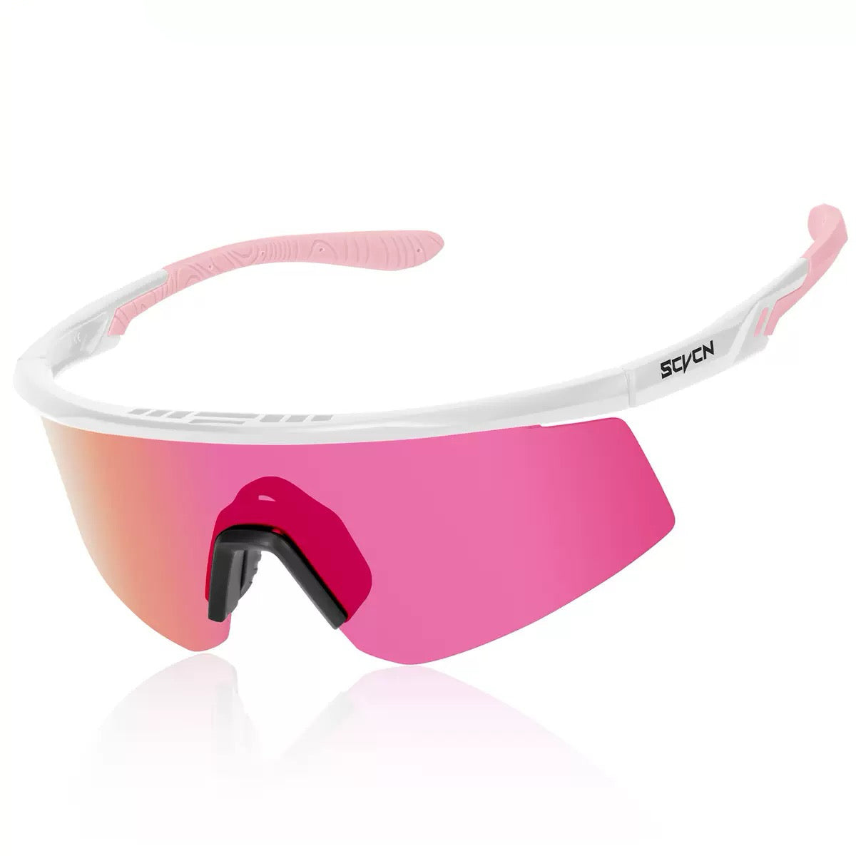 White Frame/Pink Lens unisex tr90 wraparound shield sunglasses, 45-degree view