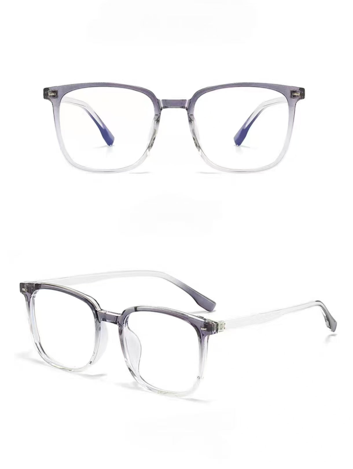 Gray Gradient TR90 ultra-light softly squared full-rim glasses, original front and 45-degree product detail