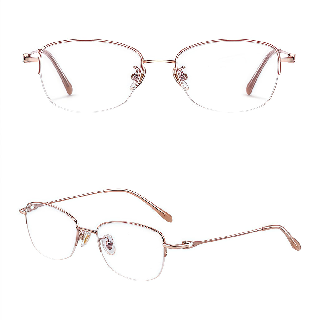 Rose Gold women's titanium semi-rimless glasses, front and 45-degree composite detail