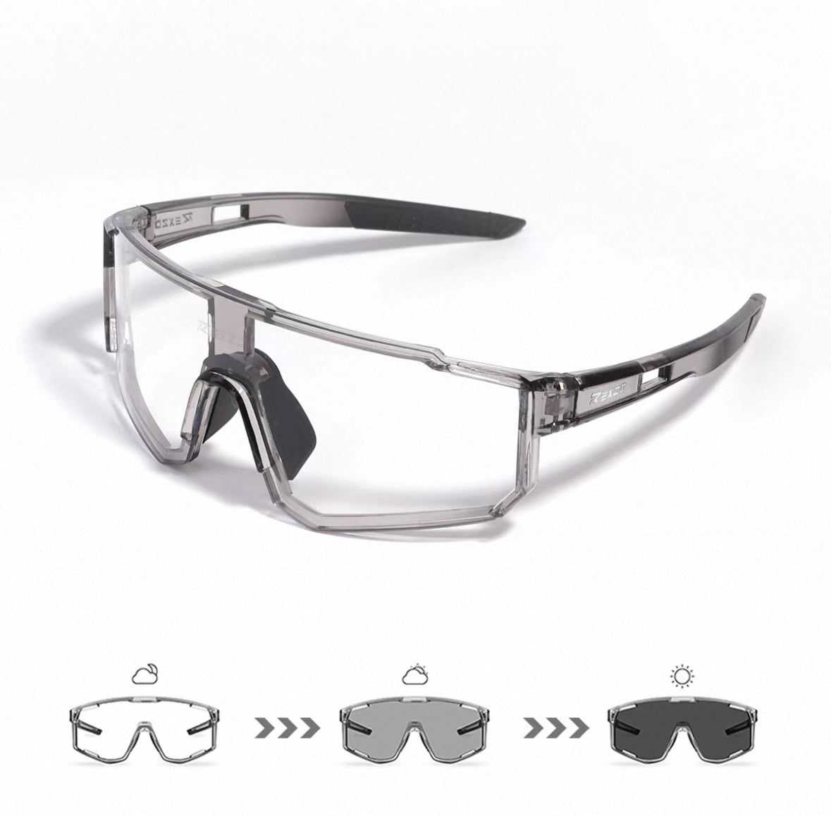Crystal Grey Frame/Photochromic Grey Lens front and 45-degree product views of Wraparound Windproof Dustproof Sports Sunglass