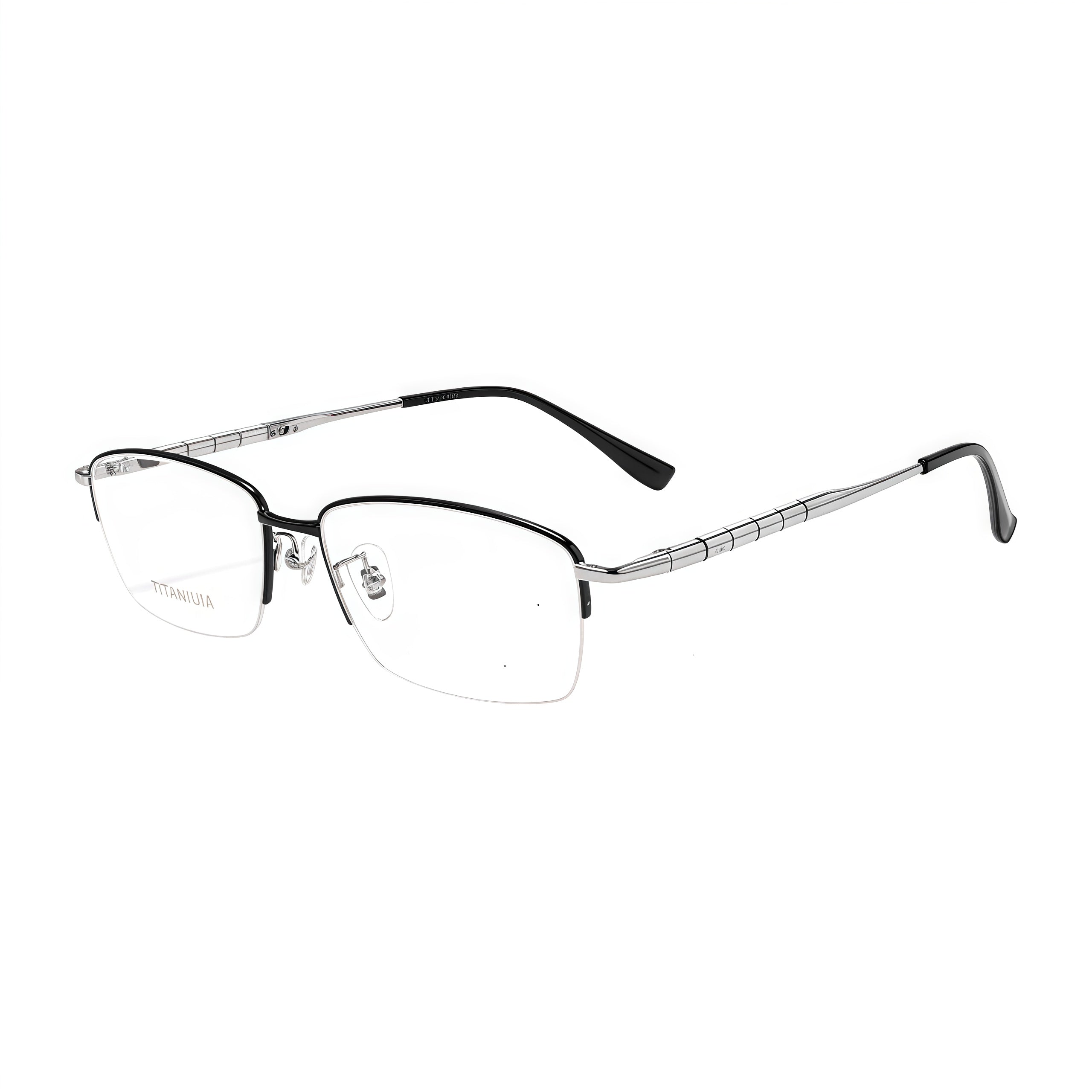 Black/Silver men's semi-titanium rectangular semi-rimless glasses, 45-degree product view