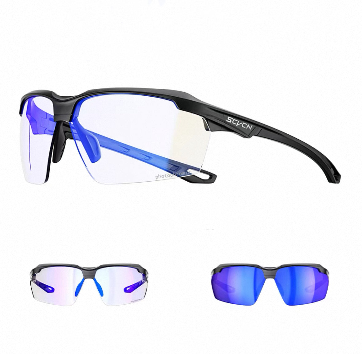 Black Frame/Photochromic Blue Lens front and 45-degree product views of Day & Night Outdoor Sports Sunglasses