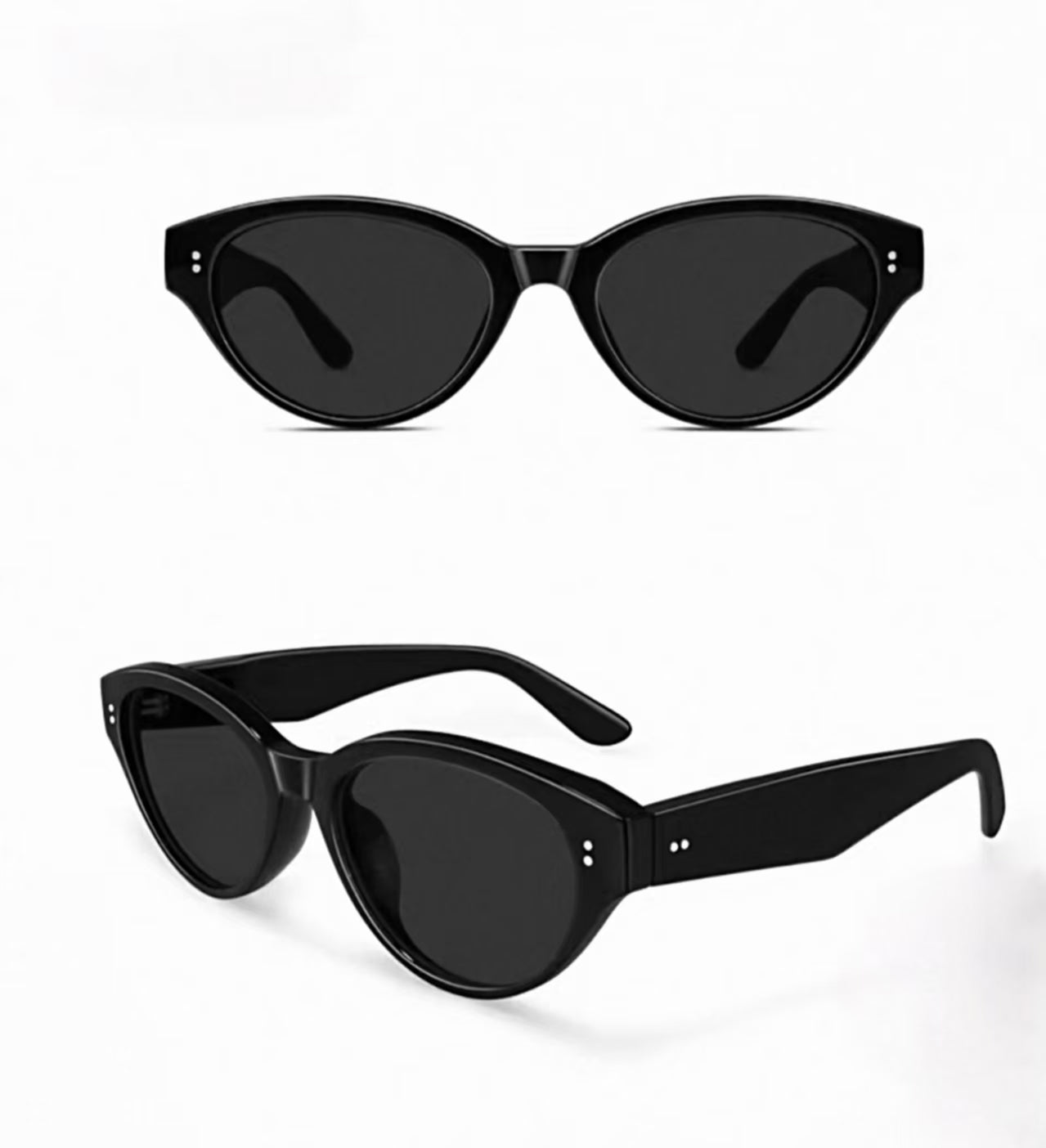 Women’s Black full-rim narrow cat-eye sunglasses, front and three-quarter views