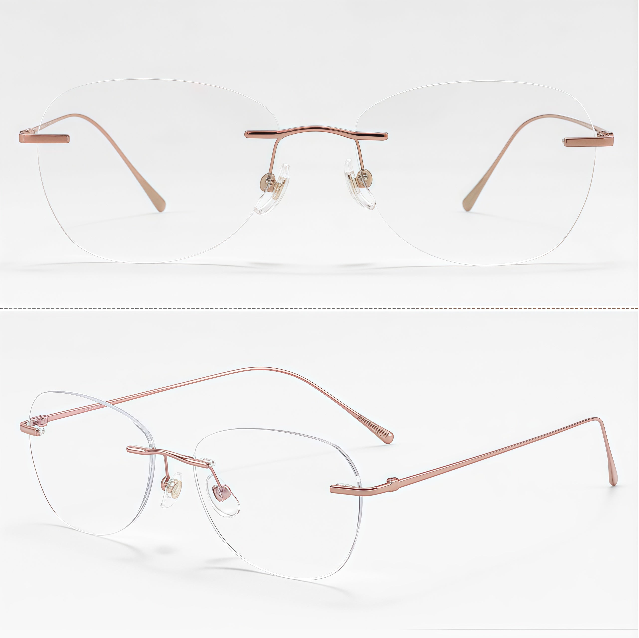 Rose Gold unisex pure titanium rimless rectangular glasses in front and 45-degree product views