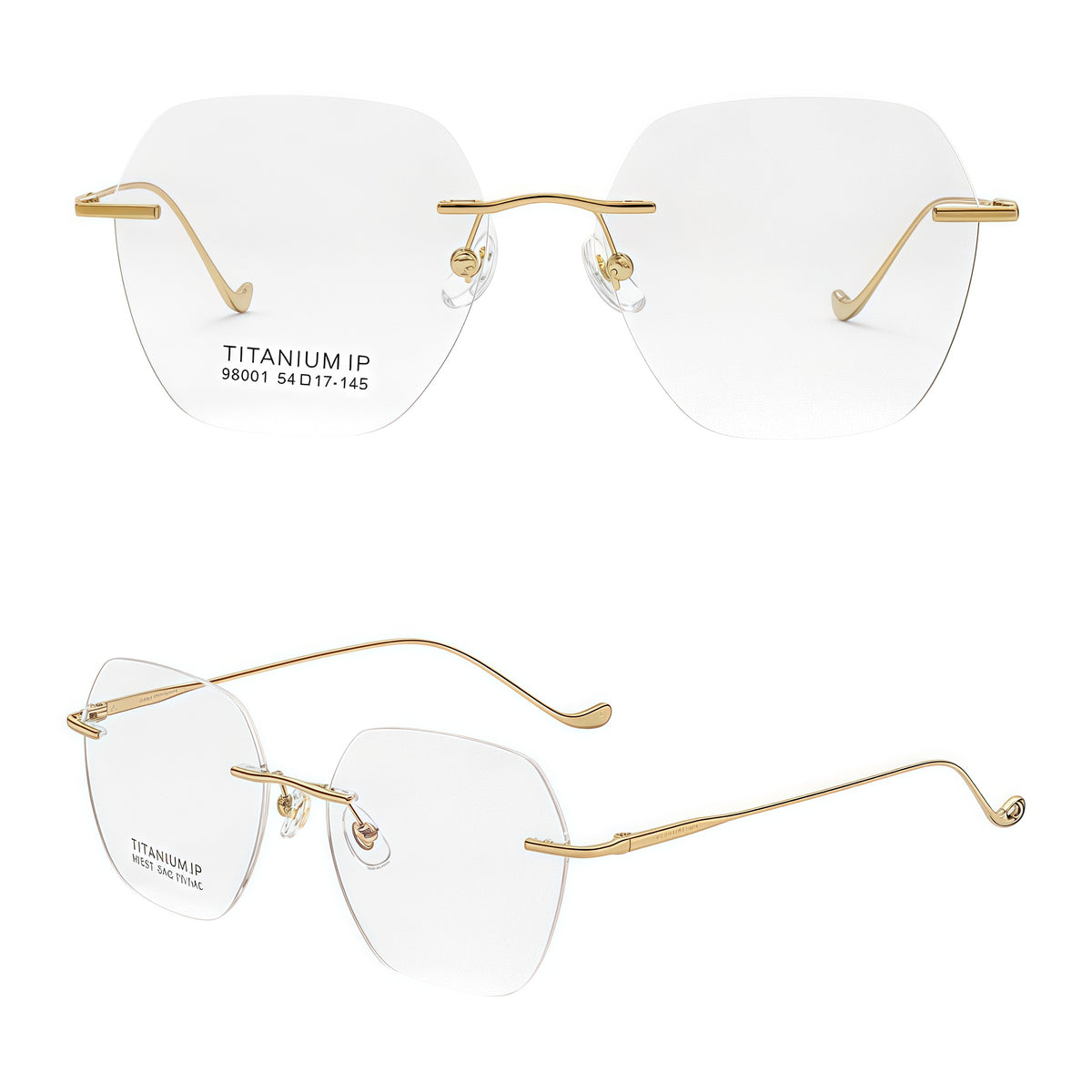 Gold women pure titanium soft-square rimless eyeglasses, 45-degree view