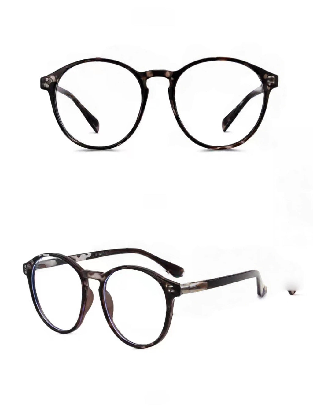 Tortoise Shell women's polycarbonate round-panto full-rim glasses, original front-and-45-degree composite detail