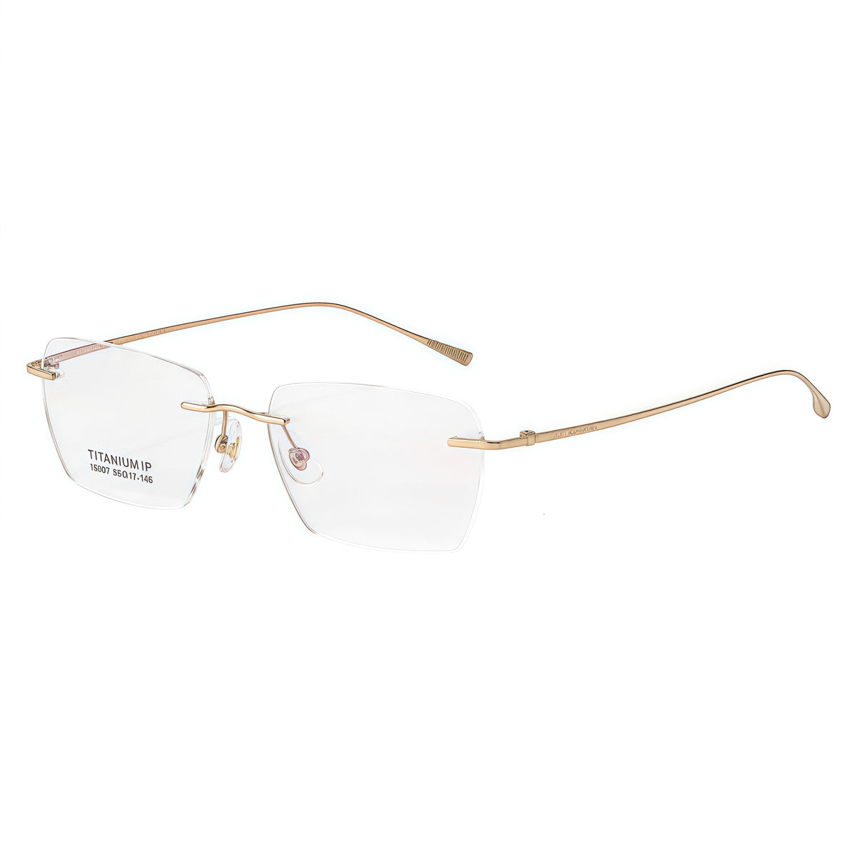 Gold pure titanium rimless eyeglasses in a 45-degree product view