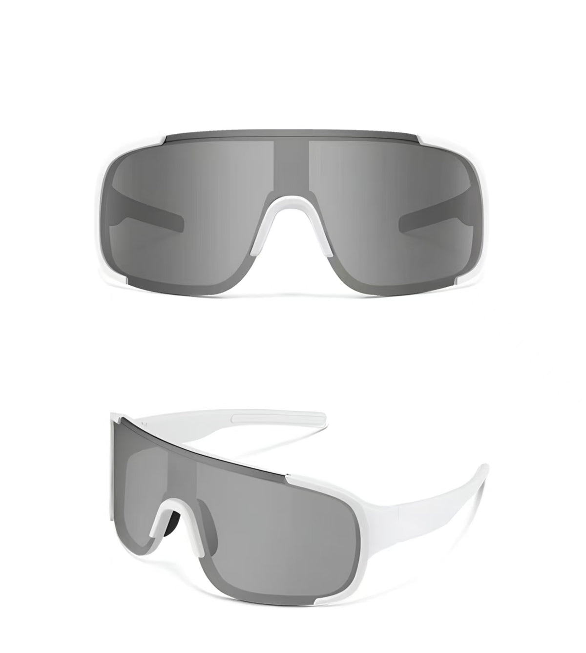 White men's polycarbonate oversized shield sunglasses, product views