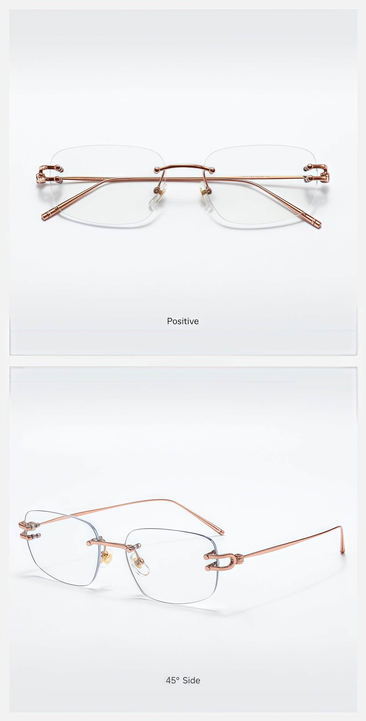 Rose Gold semi-titanium rectangular rimless glasses, original front and 45-degree product detail