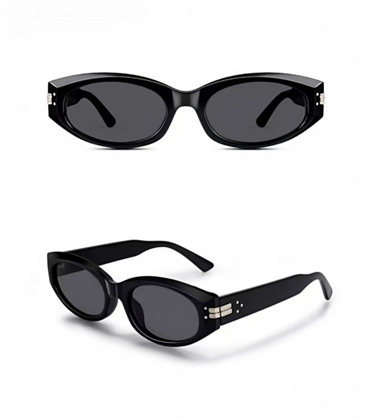 Women’s Black full-rim narrow oval sunglasses, front and three-quarter product views