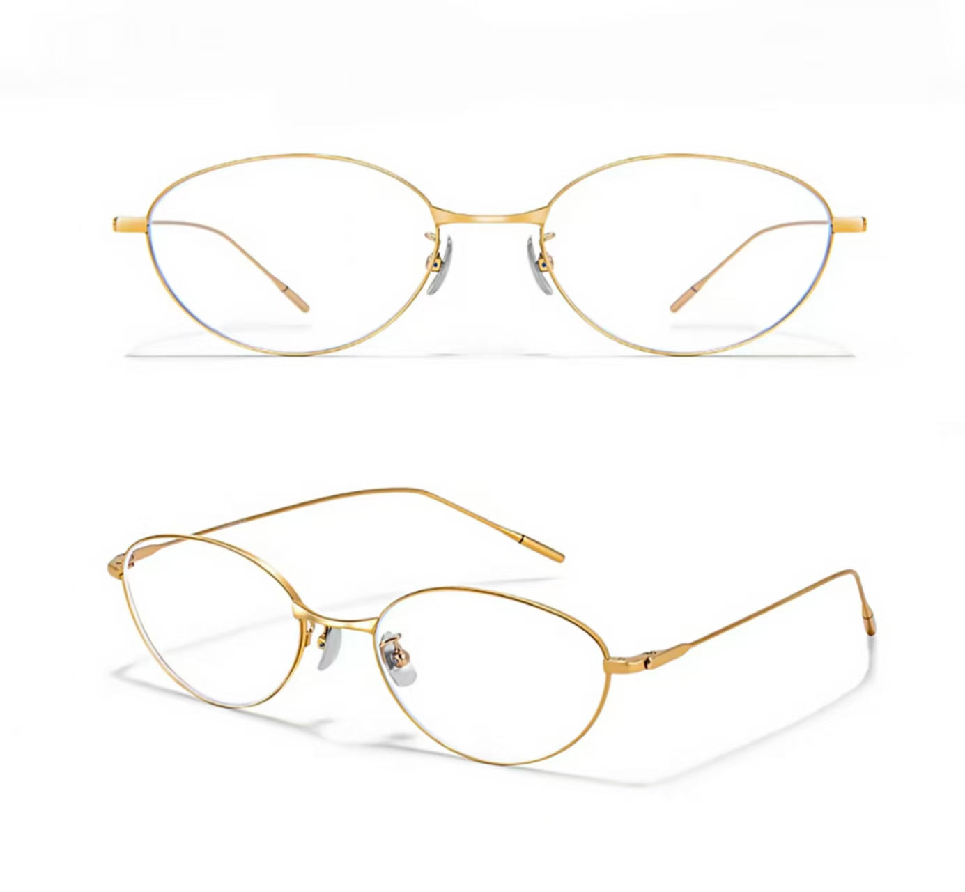 Gold women's lightweight titanium rounded-oval glasses, supplier front and 45-degree composite detail