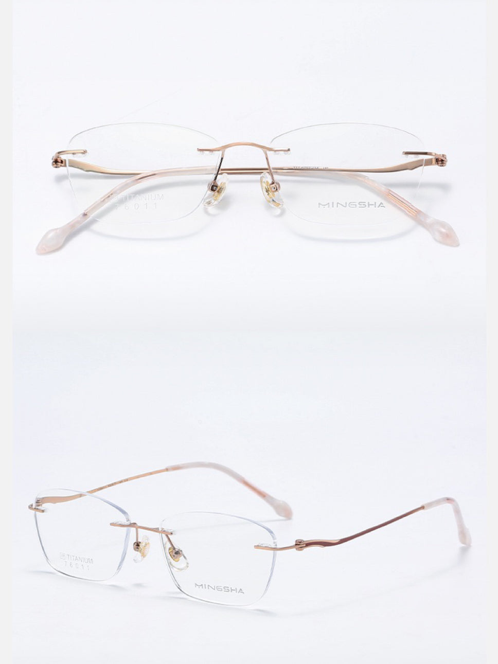 Gold unisex semi-titanium rounded-rectangle rimless eyeglass frames, product views