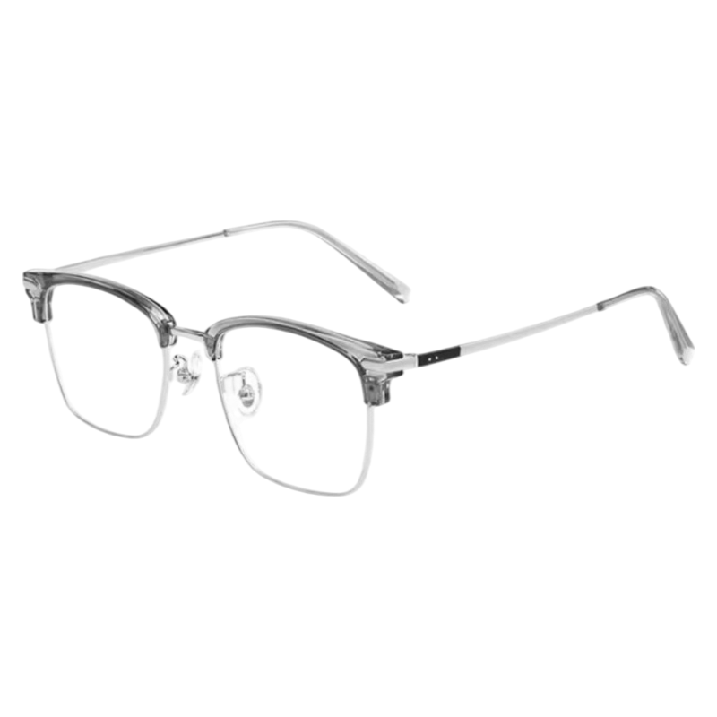 Crystal Grey and Silver modern round-square browline profile semi-rimless eyeglass frame, three-quarter product view