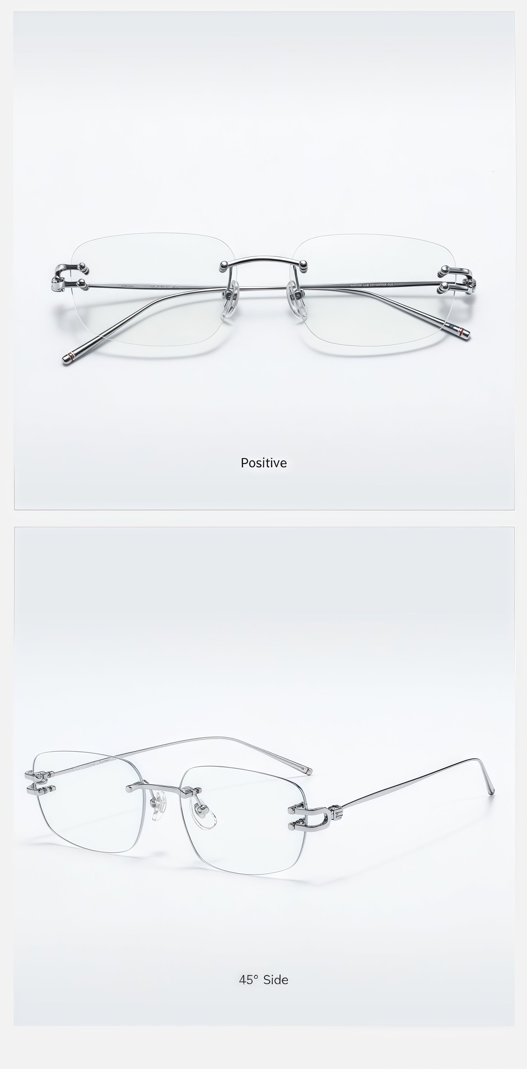 Silver semi-titanium rectangular rimless glasses, original front and 45-degree product detail