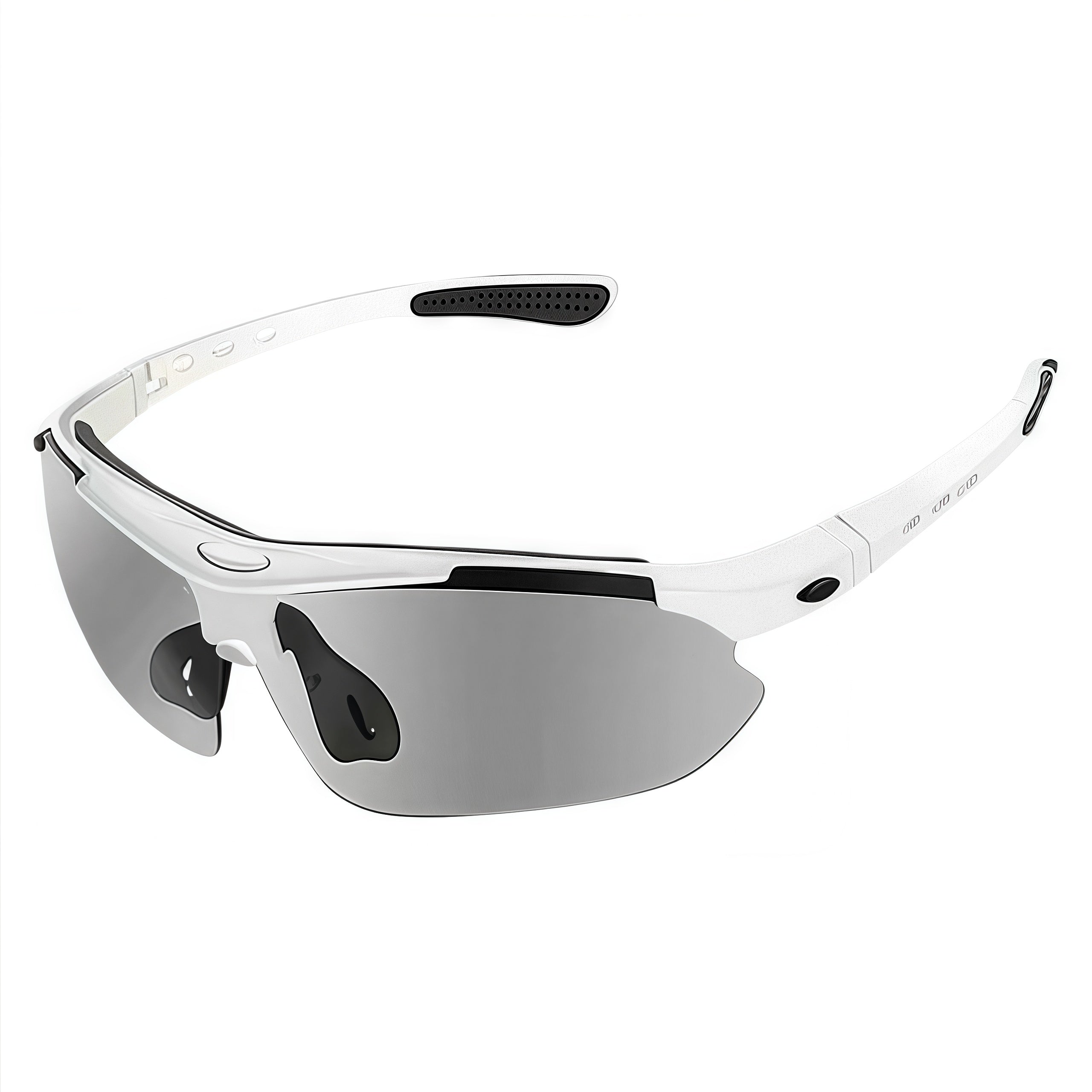 White Frame/Photochromic Grey Lens unisex polycarbonate and rubber wraparound shield sunglasses, 45-degree view
